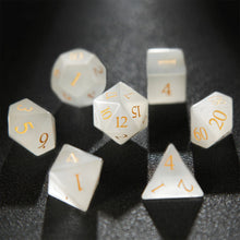 Load image into Gallery viewer, 7Pcs DND Dice White Jade Gemstone Dice Golden Word Dice Set Multi-sided Polyhedral Dice for D&amp;D Game COC Role Playing RPG Table