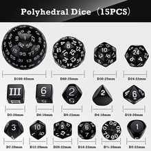 Load image into Gallery viewer, 15Pcs Polyhedral Dice Table Game Dice for DND RPG Dungeons and Dragons D3 D4 D5 D6 D7 D8 D10 D% D12 D16 D20 D24 D30 D60 D100