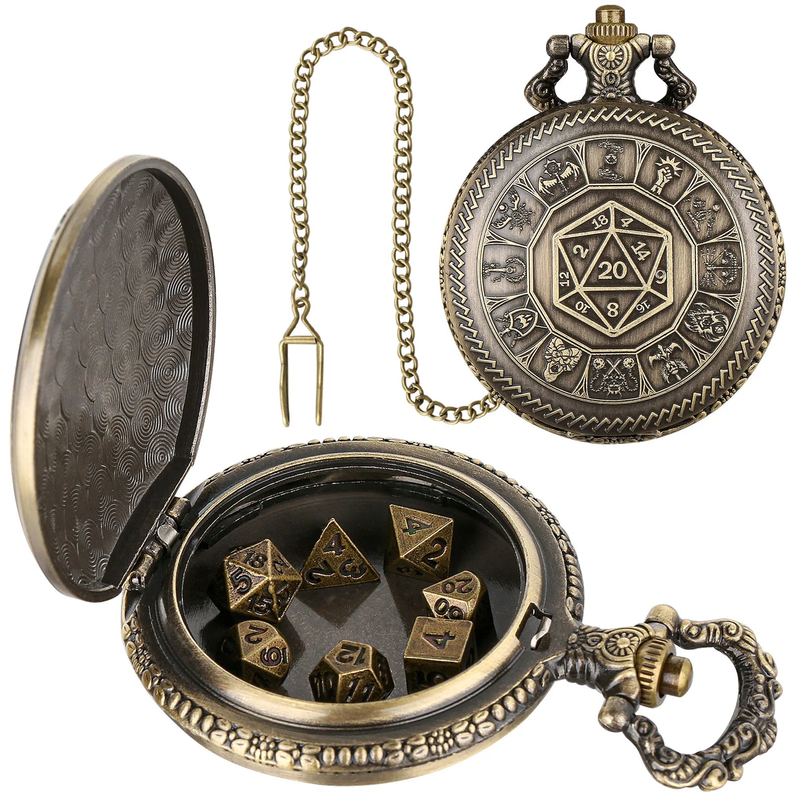 Mini DND Dice Set Steampunk Warlock Pocket Watch Shell Case 7pcs Polyhedral Metal D&D Dice Set for Dungeons and Dragons dice box