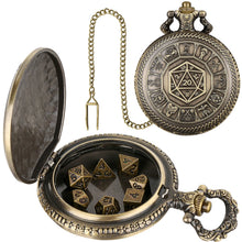 Load image into Gallery viewer, Mini DND Dice Set Steampunk Warlock Pocket Watch Shell Case 7pcs Polyhedral Metal D&amp;D Dice Set for Dungeons and Dragons dice box
