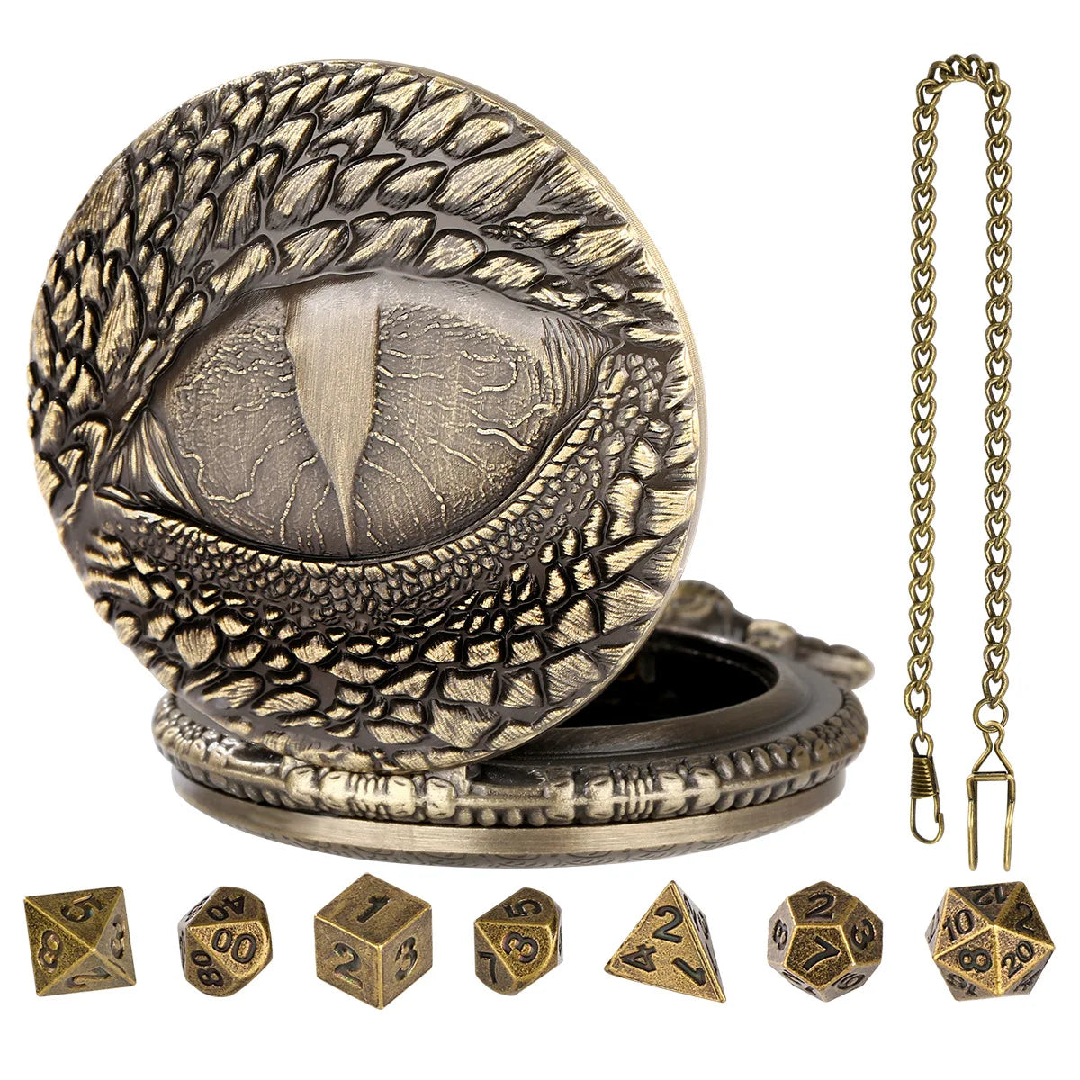 Mini DND Dice Set Steampunk Warlock Pocket Watch Shell Case 7pcs Polyhedral Metal D&D Dice Set for Dungeons and Dragons dice box