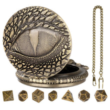 Load image into Gallery viewer, Mini DND Dice Set Steampunk Warlock Pocket Watch Shell Case 7pcs Polyhedral Metal D&amp;D Dice Set for Dungeons and Dragons dice box