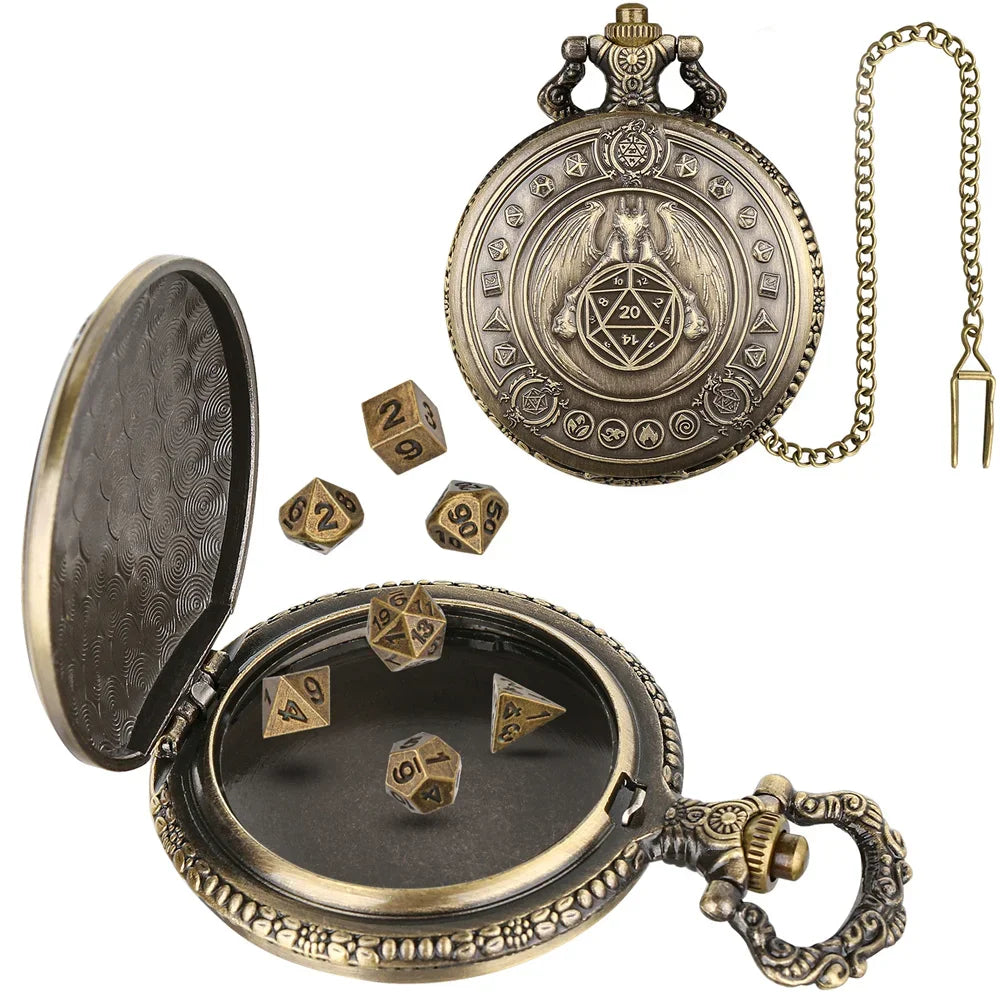Mini DND Dice Set Steampunk Warlock Pocket Watch Shell Case 7pcs Polyhedral Metal D&D Dice Set for Dungeons and Dragons dice box