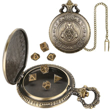 Load image into Gallery viewer, Mini DND Dice Set Steampunk Warlock Pocket Watch Shell Case 7pcs Polyhedral Metal D&amp;D Dice Set for Dungeons and Dragons dice box