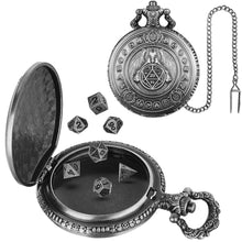 Load image into Gallery viewer, Mini DND Dice Set Steampunk Warlock Pocket Watch Shell Case 7pcs Polyhedral Metal D&amp;D Dice Set for Dungeons and Dragons dice box
