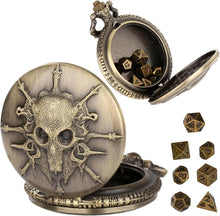 Load image into Gallery viewer, Mini DND Dice Set Steampunk Warlock Pocket Watch Shell Case 7pcs Polyhedral Metal D&amp;D Dice Set for Dungeons and Dragons dice box