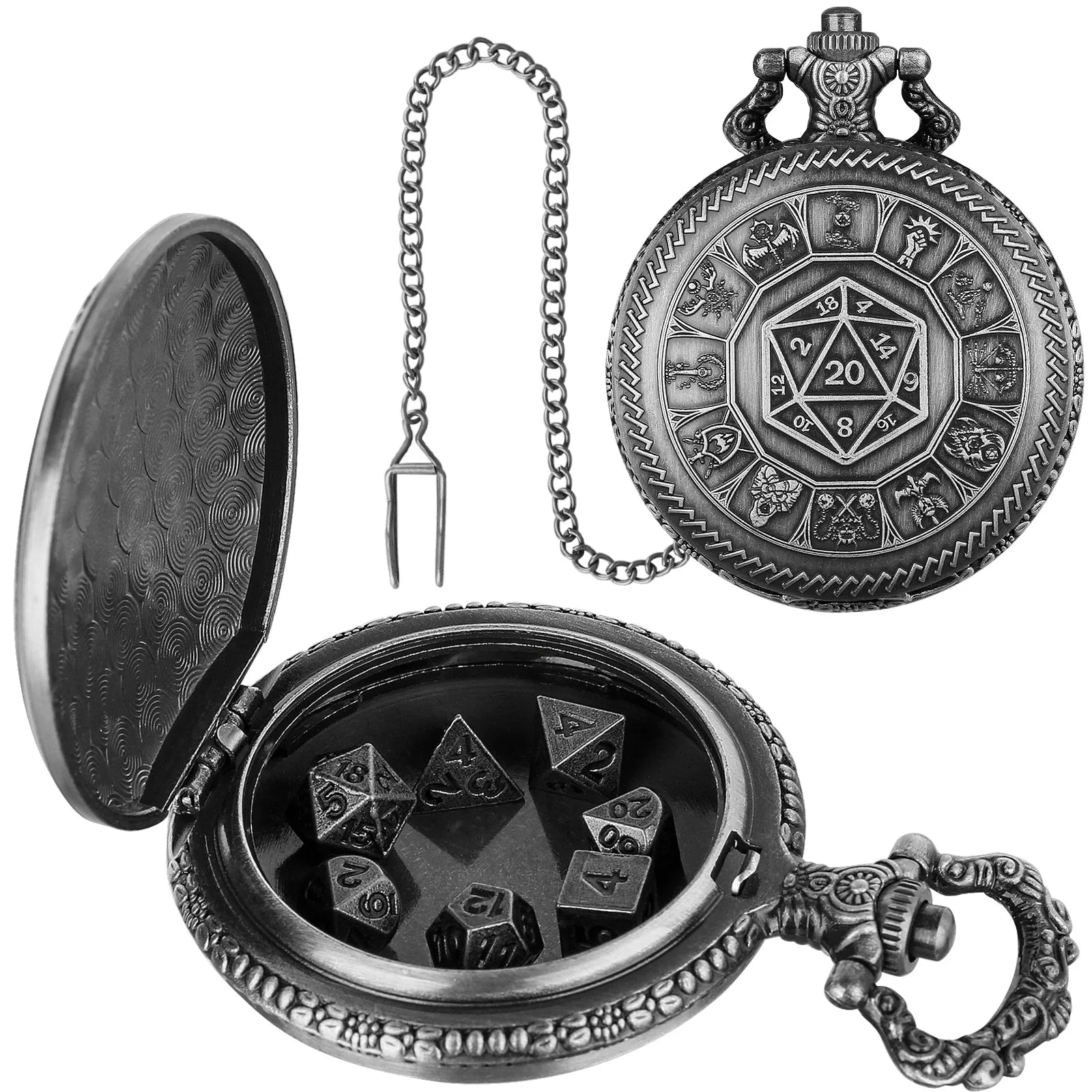 Mini DND Dice Set Steampunk Warlock Pocket Watch Shell Case 7pcs Polyhedral Metal D&D Dice Set for Dungeons and Dragons dice box