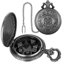 Load image into Gallery viewer, Mini DND Dice Set Steampunk Warlock Pocket Watch Shell Case 7pcs Polyhedral Metal D&amp;D Dice Set for Dungeons and Dragons dice box