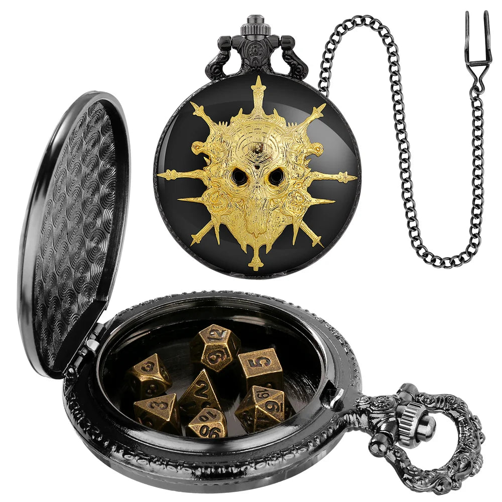 Mini DND Dice Set Steampunk Warlock Pocket Watch Shell Case 7pcs Polyhedral Metal D&D Dice Set for Dungeons and Dragons dice box