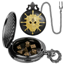 Load image into Gallery viewer, Mini DND Dice Set Steampunk Warlock Pocket Watch Shell Case 7pcs Polyhedral Metal D&amp;D Dice Set for Dungeons and Dragons dice box