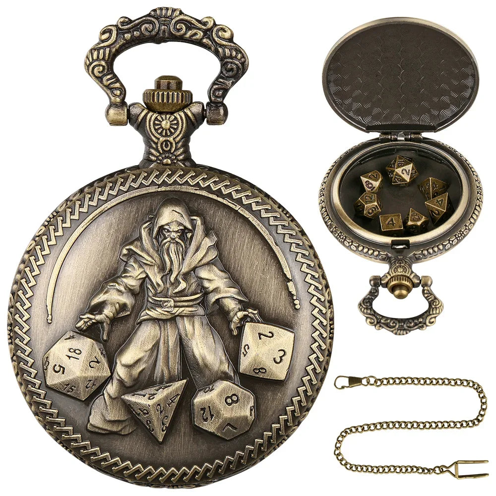 Mini DND Dice Set Steampunk Warlock Pocket Watch Shell Case 7pcs Polyhedral Metal D&D Dice Set for Dungeons and Dragons dice box