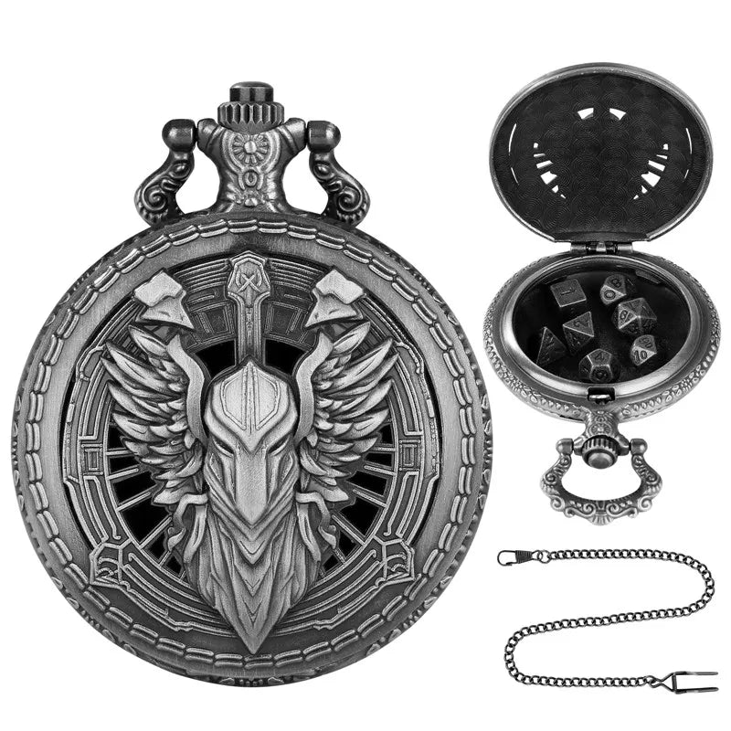 Mini DND Dice Set Steampunk Warlock Pocket Watch Shell Case 7pcs Polyhedral Metal D&D Dice Set for Dungeons and Dragons dice box