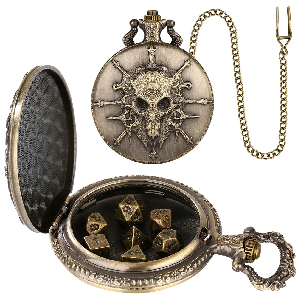 Mini DND Dice Set Steampunk Warlock Pocket Watch Shell Case 7pcs Polyhedral Metal D&D Dice Set for Dungeons and Dragons dice box