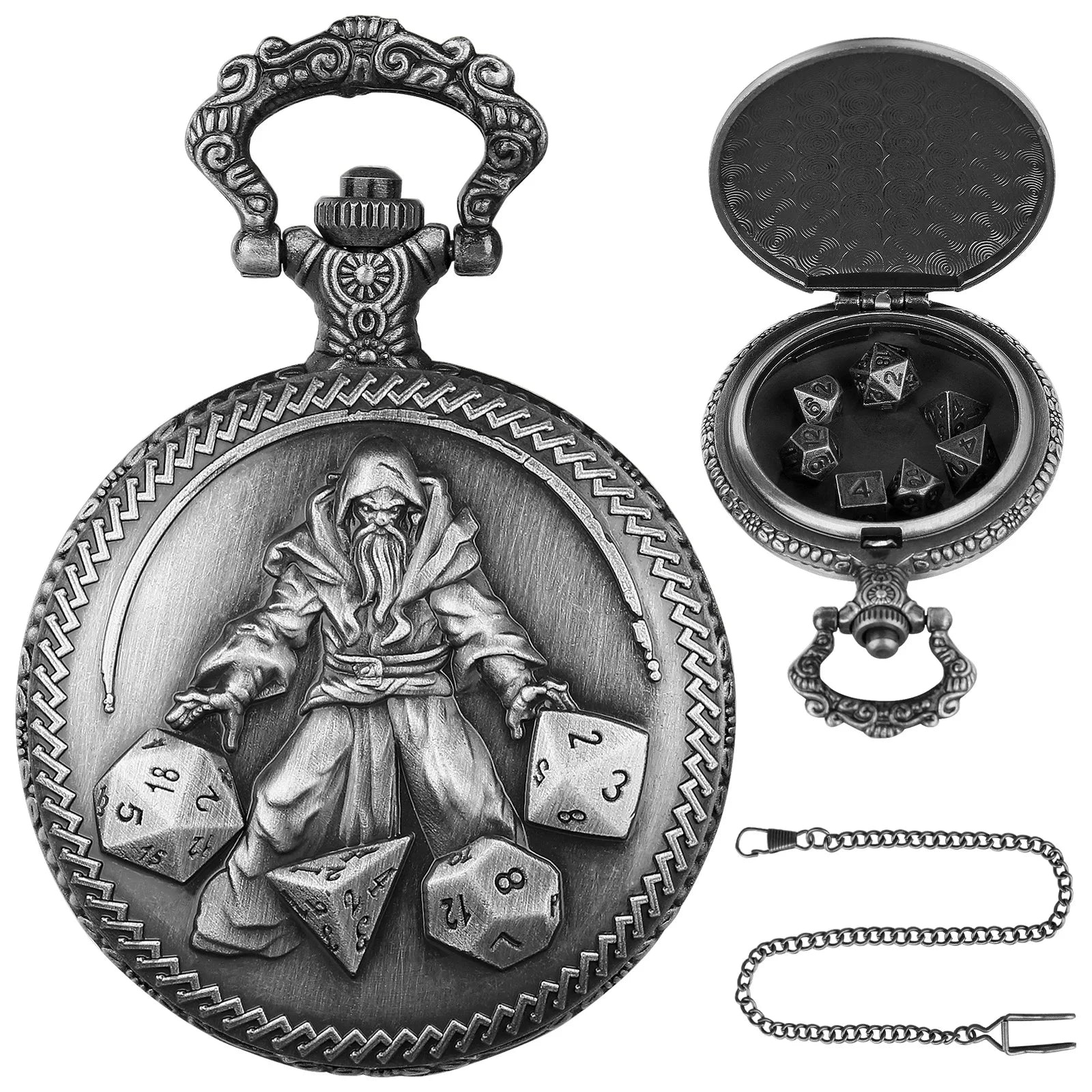 Mini DND Dice Set Steampunk Warlock Pocket Watch Shell Case 7pcs Polyhedral Metal D&D Dice Set for Dungeons and Dragons dice box