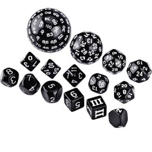 Load image into Gallery viewer, 15Pcs Polyhedral Dice Table Game Dice for DND RPG Dungeons and Dragons D3 D4 D5 D6 D7 D8 D10 D% D12 D16 D20 D24 D30 D60 D100