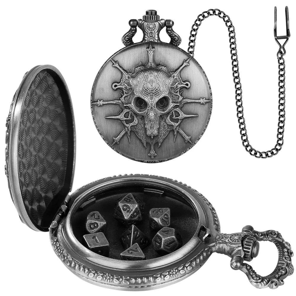 Mini DND Dice Set Steampunk Warlock Pocket Watch Shell Case 7pcs Polyhedral Metal D&D Dice Set for Dungeons and Dragons dice box
