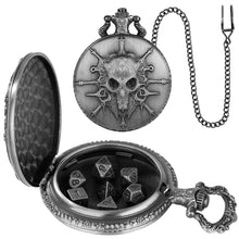 Load image into Gallery viewer, Mini DND Dice Set Steampunk Warlock Pocket Watch Shell Case 7pcs Polyhedral Metal D&amp;D Dice Set for Dungeons and Dragons dice box