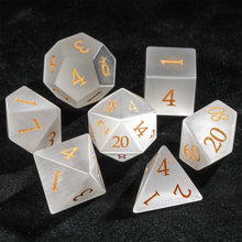 Load image into Gallery viewer, 7Pcs DND Dice White Jade Gemstone Dice Golden Word Dice Set Multi-sided Polyhedral Dice for D&amp;D Game COC Role Playing RPG Table